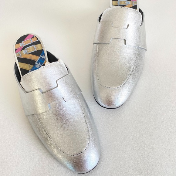 HERMES H CATENA SILVER LEATHER MULES FLIP FLOPS SHOES FLAT SLIDES 37 - Picture 14 of 15